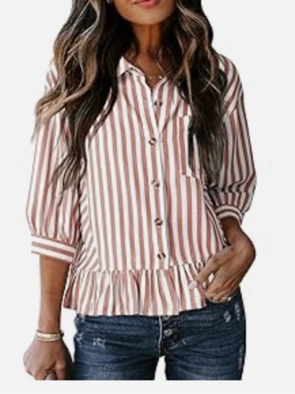 Striped Ruffle Hem Button-Up Shirt